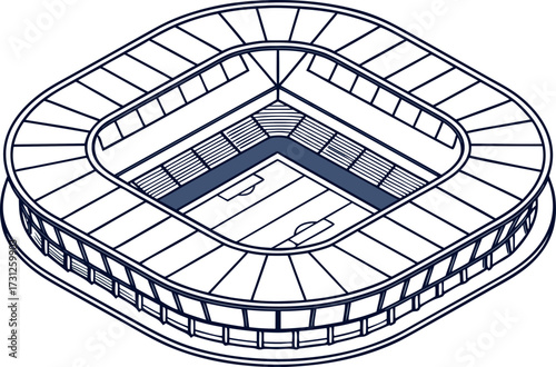 Stylized isometric view of a football stadium with blue seating and white field soccer stadium sports arena
