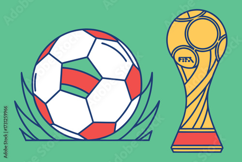 Stylized soccer ball and F I F A trophy on green background with blue outlines football FIFA