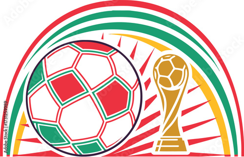 Stylized soccer ball and trophy with red green and gold abstract arcs and rays football award