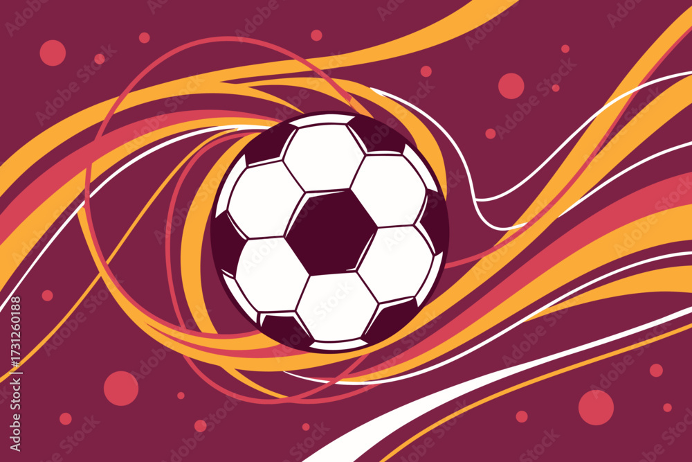 Fototapeta premium Stylized soccer ball with swirling abstract lines and circles in burgundy gold and red football sport