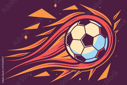 Stylized soccer ball with fiery orange and red streaks on a dark purple background football sport