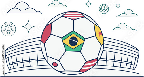Stylized soccer ball with national flags and stadium illustration football arena