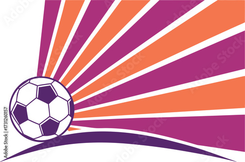 Stylized soccer ball with radiating purple and orange stripes on white background football sport