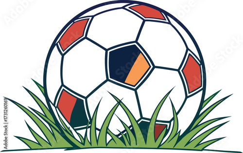 Stylized soccer ball with red blue and orange panels resting in green grass football sport