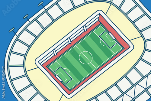 Top view illustration of a green soccer field within a stadium with yellow and white seating soccer stadium
