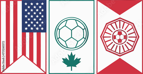 Three stylized flags featuring American stars and stripes Canadian maple leaf and soccer balls american flag
