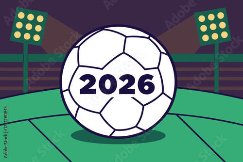 White soccer ball with 2026 numbers on green field under stadium lights football sport