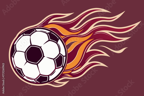 White soccer ball with burgundy and orange flames on a burgundy background football sport