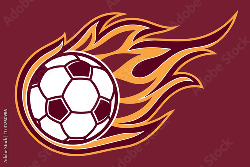 White soccer ball with orange and maroon flames on a maroon background football sports