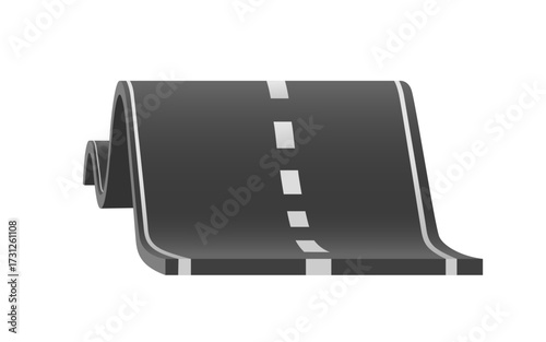 The road is paved in black with white dotted lines. The road is curved and has a high slope, vector 3d isolated on white background for logistics, transport, delivery advertising design