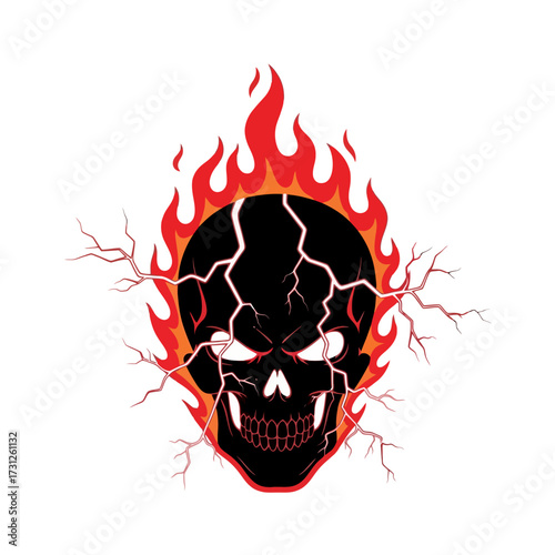 Fiery Skull with Cracks and Flames Illustration