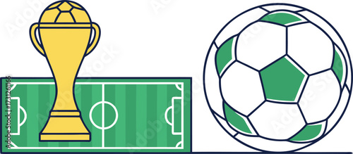 Yellow soccer trophy on green field next to soccer ball football award