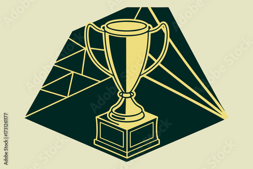 Yellow trophy on dark green abstract geometric background with beige backdrop award winner