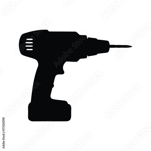 Black silhouette of a cordless drill with a bit on a white background, screwdriver silhouette vector illustration