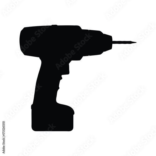 Silhouette of a powerful cordless drill with attached battery pack and drill bit, screwdriver silhouette vector illustration