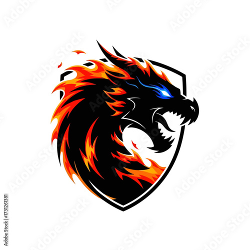 Fierce Black Dragon Head with Fiery Mane and Blue Eyes on Shield
