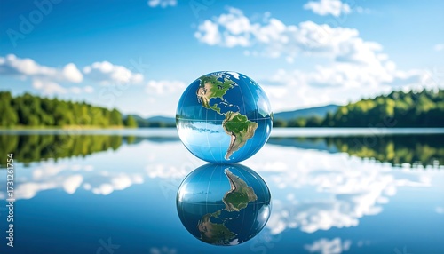 Crystal Earth globe on placid lake, sunny day