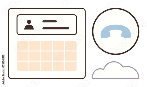Contact details paired with a calendar, phone, and cloud icon convey communication, scheduling, and cloud-based interaction. Ideal for networking, teamwork, organization, virtual engagement IT