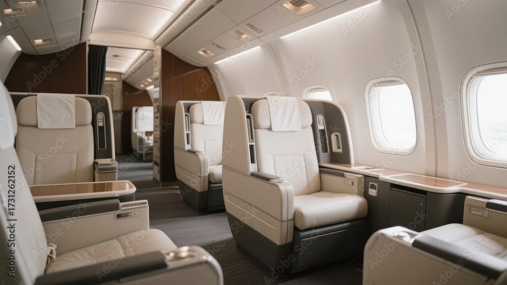Fototapeta premium The interior of the airplane cabin, with tidy and orderly facilities such as seats, presents a comfortable air travel environment.
