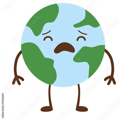 Sad Earth mascot crying with mustache, expressing deep sorrow over environmental loss, perfect for conservation or memorial campaigns.
