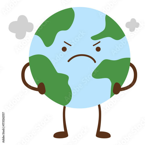 Angry Earth mascot with steam from ears, showing rage over climate damage, ideal for protest, activism, or bold messaging.
