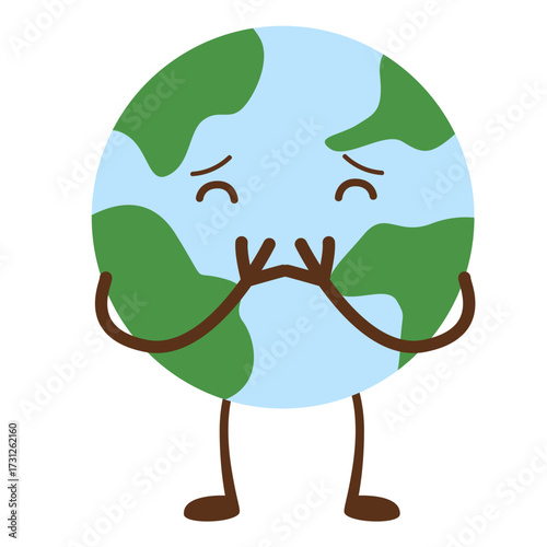 Earth mascot covering mouth in shock or shame, symbolizing environmental guilt or surprise, perfect for awareness or educational content.
