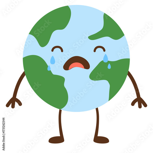 Crying Earth mascot with teary eyes, expressing sadness over pollution or climate change, ideal for environmental awareness campaigns.
