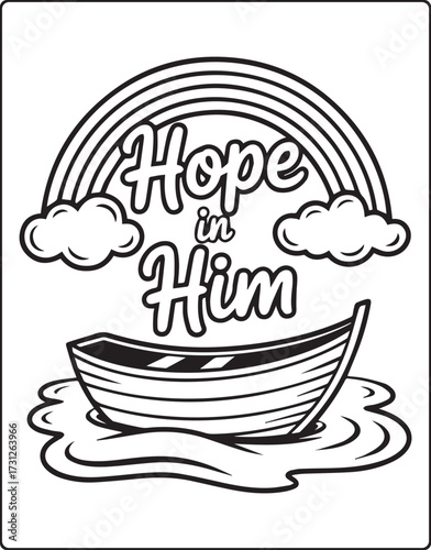 Christian bible verse coloring page with quote hope in him and beautiful decoration black line art vector illustration outline coloring book design for kids and adults