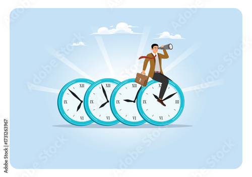 Time management concept. A businessman sits at a large clock holding a briefcase.