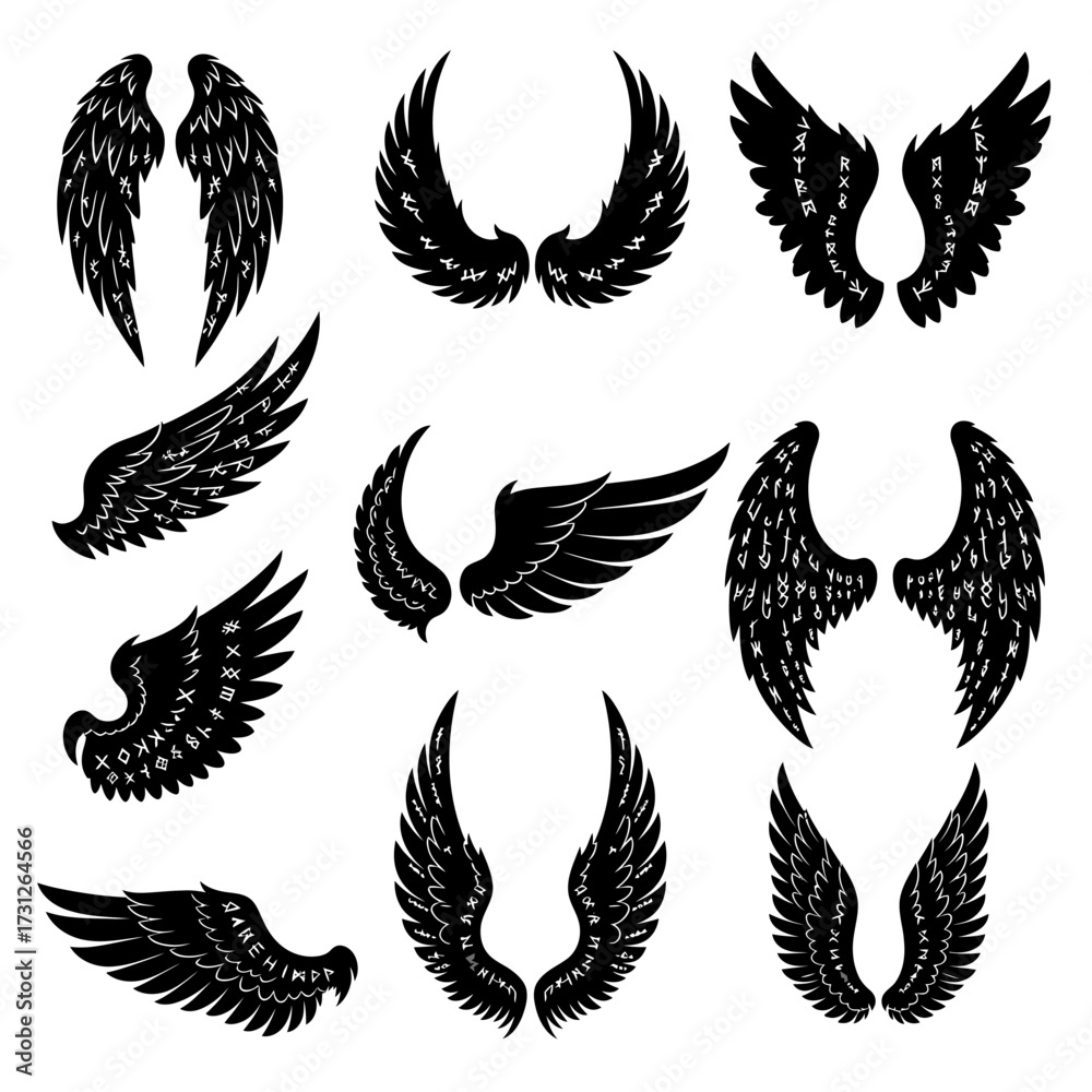 Fototapeta premium Black Wing Silhouettes with Runes, Vector Illustration Set