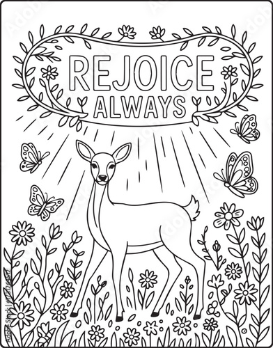 Christian bible verse coloring page with quote rejoice always and beautiful decoration black line art vector illustration outline coloring book design for kids and adults