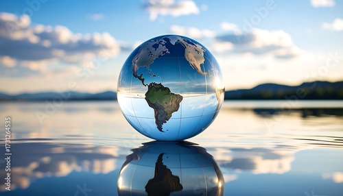 Crystal globe of Americas, tranquil lake reflection