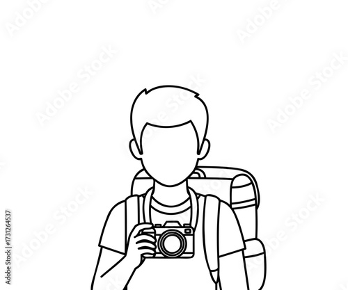 Simple line art illustration of a young traveler with a camera ready for a new adventure