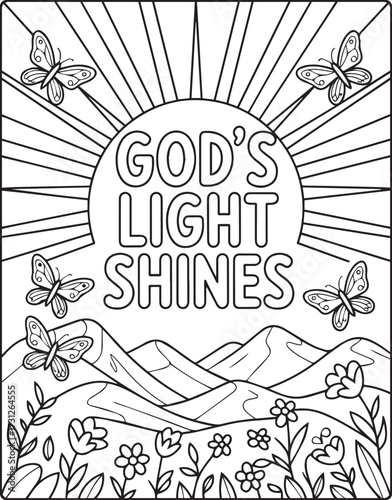 Christian bible verse coloring page with quote god's light shines and beautiful decoration black line art vector illustration outline coloring book design for kids and adults