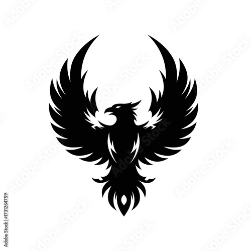 Stylized Black Phoenix with Wings Spread Wide, Vector Illustration