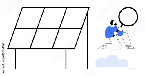 Large solar panel with person examining it through magnifying glass. Ideal for sustainability, energy efficiency, technology, innovation, green energy, clean energy, eco-friendly solutions. Simple
