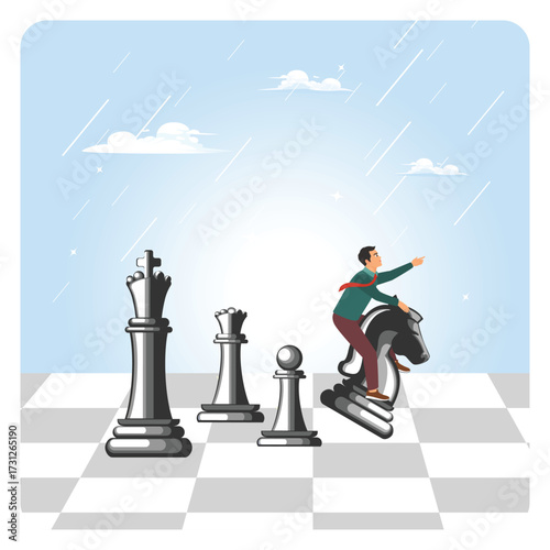 Business competition concept. Man Rides a Knight Chess Piece.