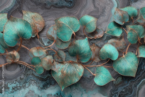 An arrangement of teal leaves with copper accents, set against a marbled background, creates a captivating visual.