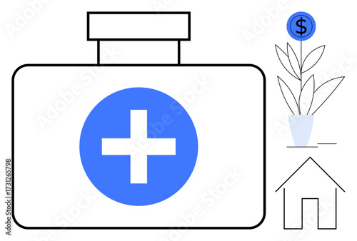 Medical kit with a cross, plant pot growing a dollar coin, and a house outline. Ideal for health care, financial growth, home safety, investment, insurance wellness minimalism. A simple flat