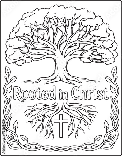Christian bible verse coloring page with quote rooted in christ and beautiful decoration black line art vector illustration outline coloring book design for kids and adults