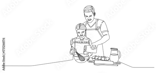 Continuous line drawing illustration of a father and daughter baking together. The father is pouring ingredients into a mixing bowl while the daughter holds a whisk, preparing the mixture