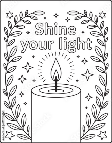 Christian bible verse coloring page with quote shine your light and beautiful decoration black line art vector illustration outline coloring book design for kids and adults