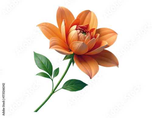 Orange Dahlia Bloom with Green Leaves, 3D Realism Illustration on Transparent Background