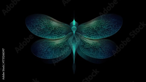 Abstract dragonfly illustration with glowing turquoise wings on black background