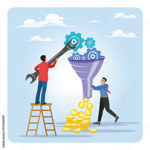 Optimization to improve result. Business Team Improves Process With Funnel Pouring Coins.