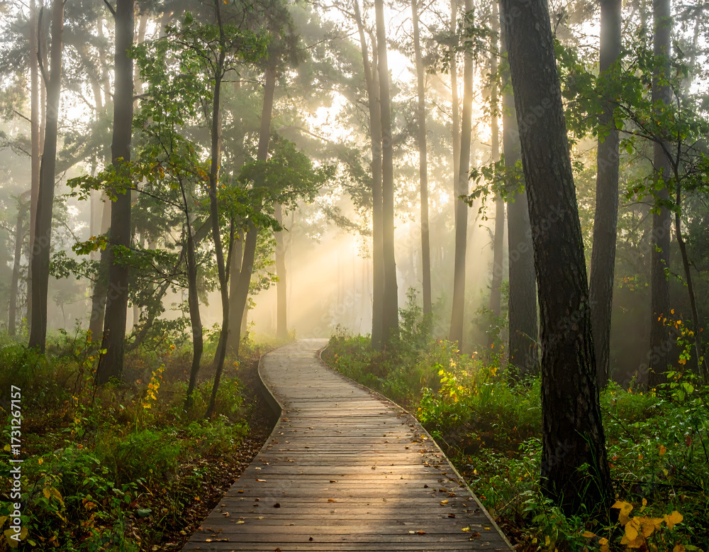 Fototapeta premium Misty Morning: Wooden Boardwalk Path Through a Peaceful Forest with Sunbeams