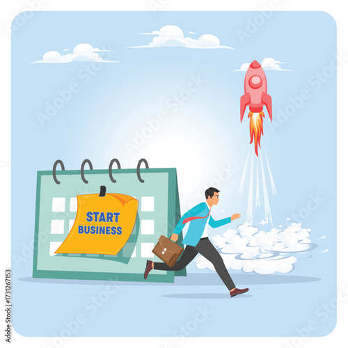 Start new business concept. Man Run Toward Launch With Calendar Reminder And Rocket Launch.