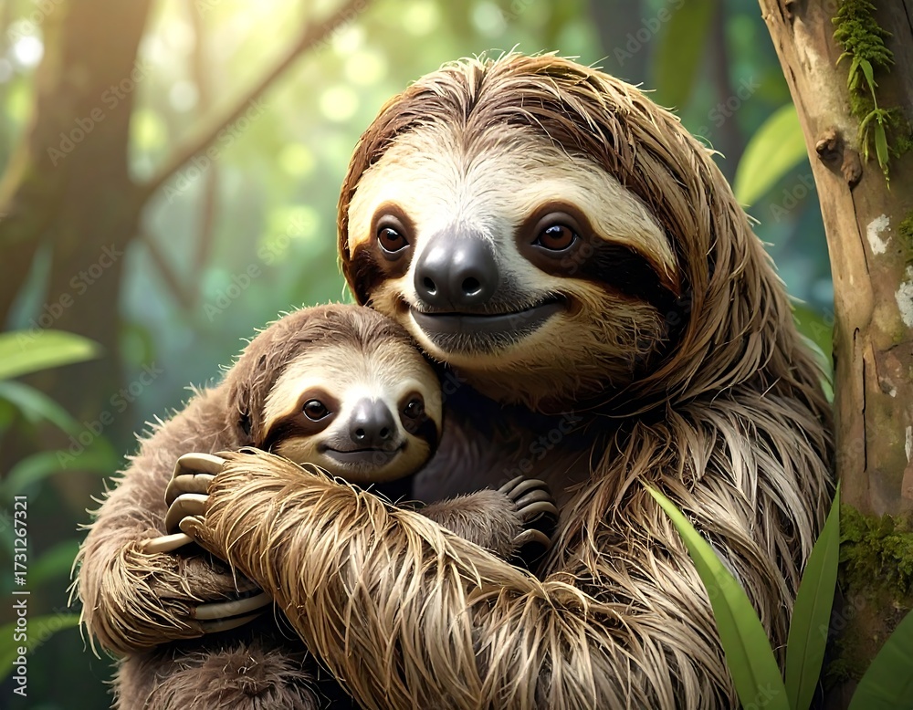 Naklejka premium Sloths cuddling in jungle