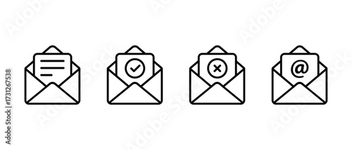 Open mail envelope icon set. Message, approval check, reject cross, and at sign email symbol