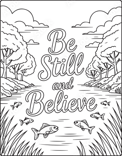 Christian bible verse coloring page with quote be still and believe and beautiful decoration black line art vector illustration outline coloring book design for kids and adults